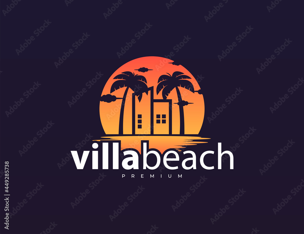 Building and palm tree with sunset logo design