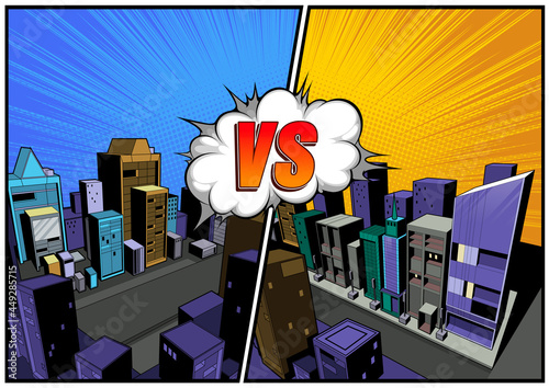 Versus Vs Vector, letters fight with Comic City Background, speech bubbles.