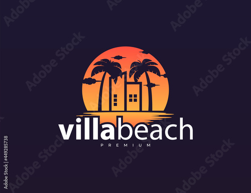 Building and palm tree with sunset logo design
