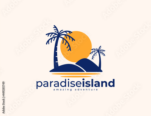 Sunset island and palm tree logo design