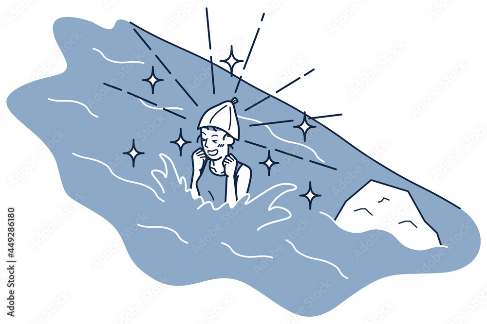 冷たい川に飛び込む女性のアイソメ