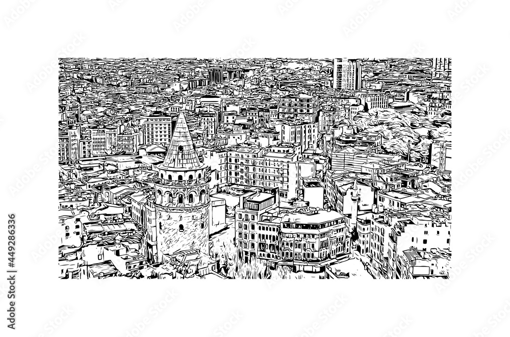 Obraz premium Building view with landmark of Istanbul is a major city in Turkey. Hand drawn sketch illustration in vector.