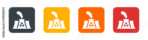 Nuclear plant icon. Atomic power station icon. Nuclear energy, reactor symbol. Radioactive pollution, radiation, industry signs.
