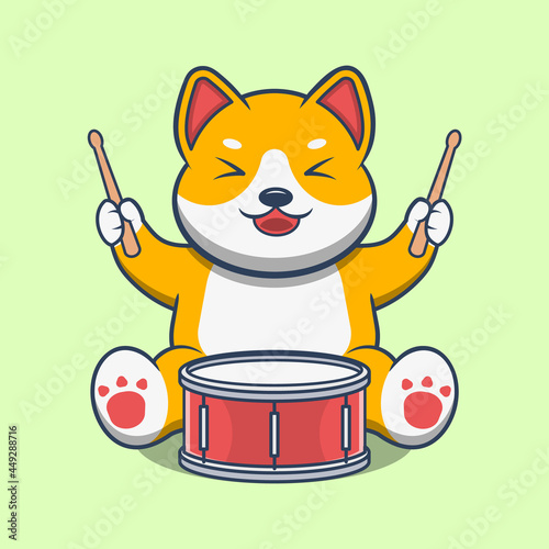 Dog Playing Drum Cartoon Vector Icon Illustration.