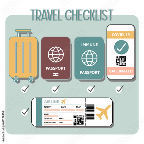 Vector concept of traveling after covid-19. Suitcase, passport, immune passport, boarding pass and a smart phone shows vaccinated on screen. illustration. 