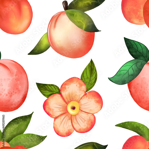 Fototapeta Naklejka Na Ścianę i Meble -  Illustration digital watercolor seamless pattern of peach and flowers