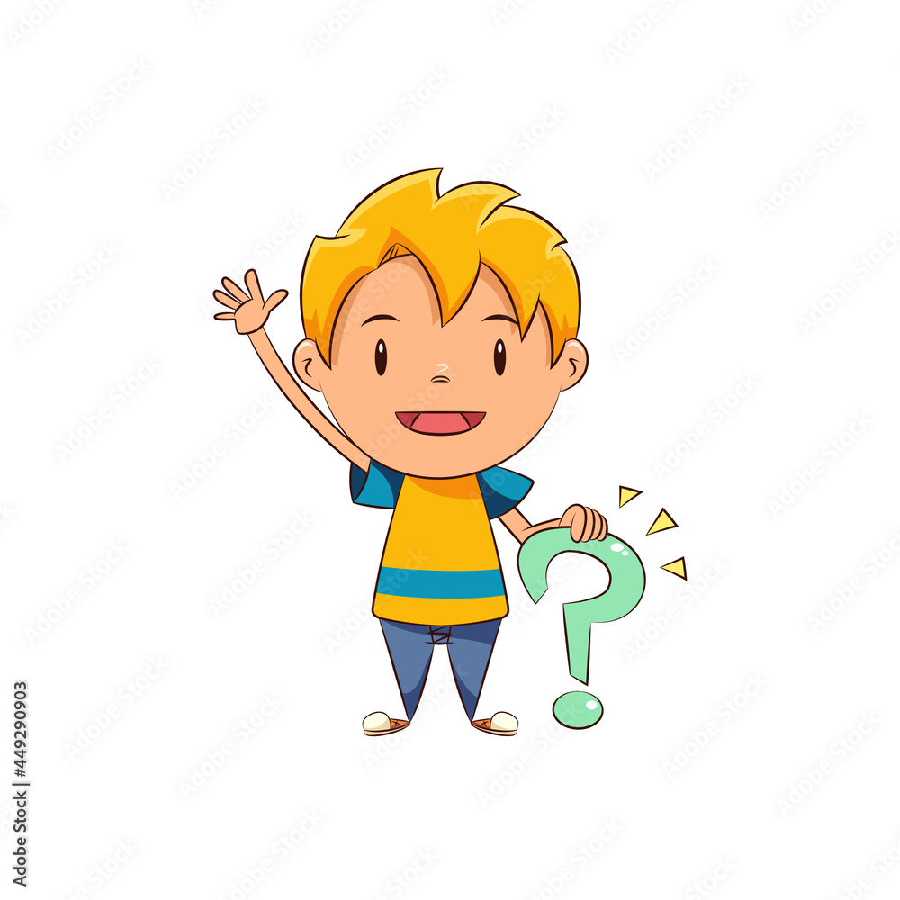Kid asking, happy cute child raising hand, holding question mark Kid asking, happy cute child raising hand, holding question mark