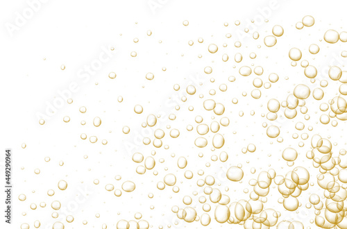 Gold fizzy bubbles. Sparkles champagne. Fizzy pop and effervescent drink. Abstract fresh soda and air bubbles, oxygen, champagne crystal. Vector illustration on black transparent background.