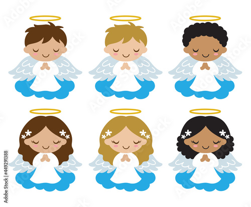 Cute little boy and girl angels on cloud vector illustration. Angels with brown and blonde hair. African American black angels vector.