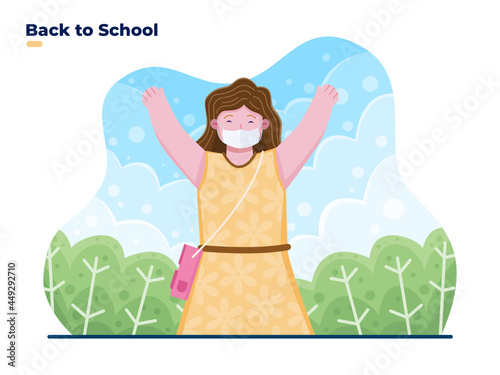 Children Back to school illustration with children wearing face mask to prevent COVID-19 coronavirus. Coronavirus prevention at school. can be used for banner  poster  web  greeting card.