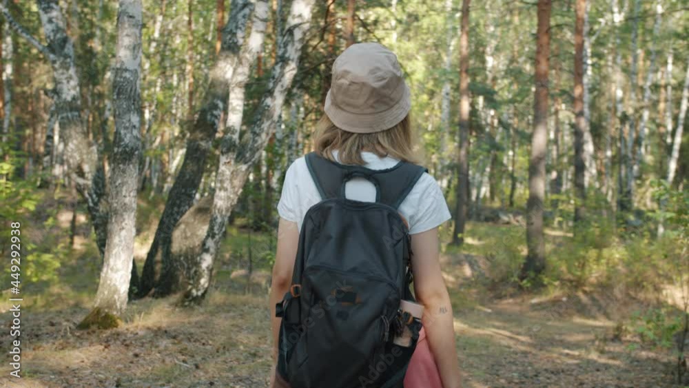 Back view of young woman walking in forest with backpack looking at beautiful view enjoying fresh air and freedom. People and tourism concept. Back view of young woman walking in forest with backpack looking at beautiful view enjoying fresh air and freedom. People and tourism concept.