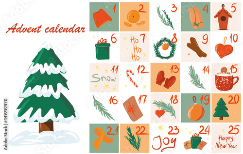 Advent calendar with cozy winter elements, huggies, Christmas collection of icons and stickers, cartoon and flat style, sweater, gift boxes, Christmas tree, hot drink, detering, Christmas toys photo