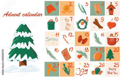 Advent calendar with cozy winter elements, huggies, Christmas collection of icons and stickers, cartoon and flat style, sweater, gift boxes, Christmas tree, hot drink, detering, Christmas toys
