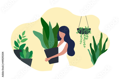 Happy woman watering houseplants at home vector illustration.. Hobby, stay home, lifestyle, home garden and houseplants concept