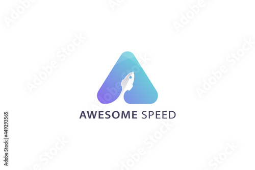 Letter A blue color creative 3d technological rocket launch speedy business logo