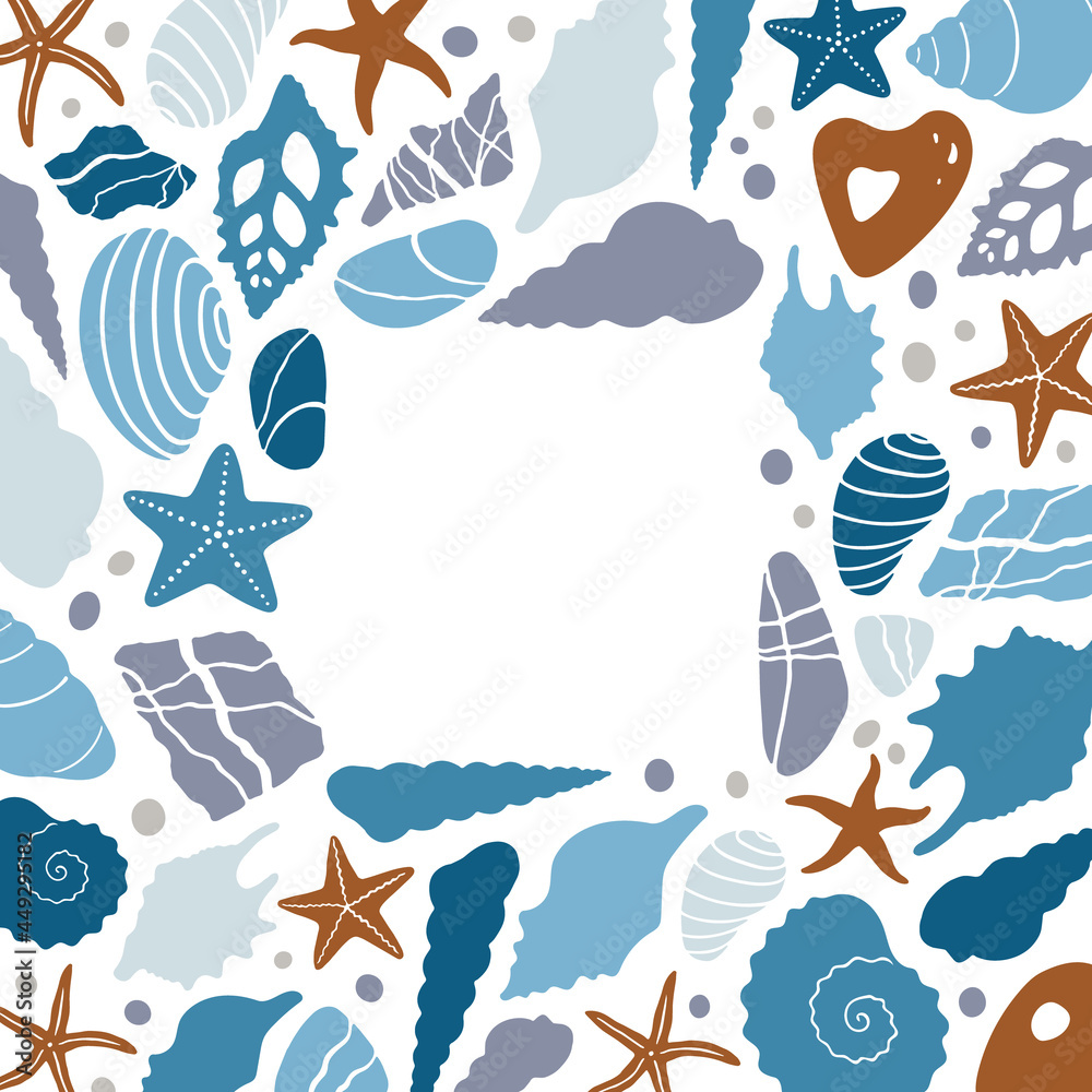Fototapeta premium Abstract illustration of summer time concept. Underwater set of silhouettes. .Shells, stones, shapes. Flat vector illustration. Card template