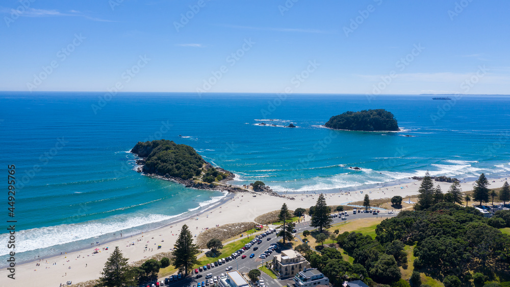 Aerial View from Houses close to the Beach, Green Trees, Mountain, Mount Maunganui, Boats in Tauranga, New Zealand  - Bay of Plenty