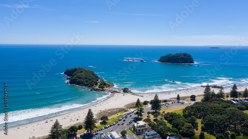 Aerial View from Houses close to the Beach, Green Trees, Mountain, Mount Maunganui, Boats in Tauranga, New Zealand - Bay of Plenty