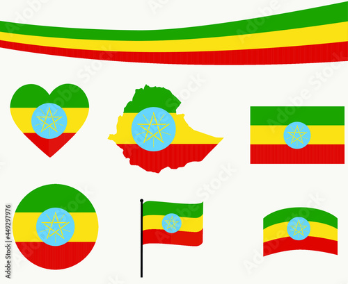 Ethiopia Flag Map Ribbon And Heart Icons Vector Illustration Abstract National Emblem Design Elements collection