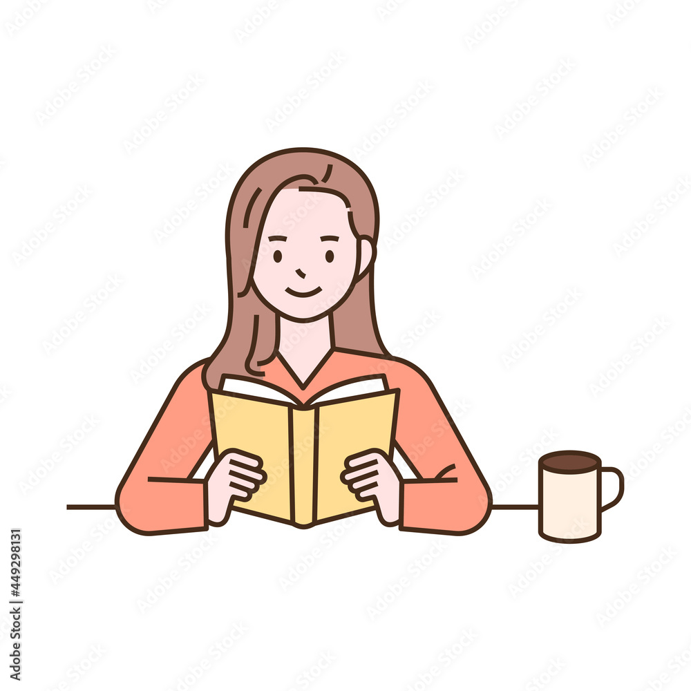 A woman is sitting at her desk and reading a book. outline simple vector illustration. A woman is sitting at her desk and reading a book. outline simple vector illustration.