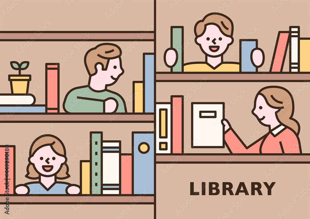 People characters are smiling among the books on the shelves. outline simple vector illustration.