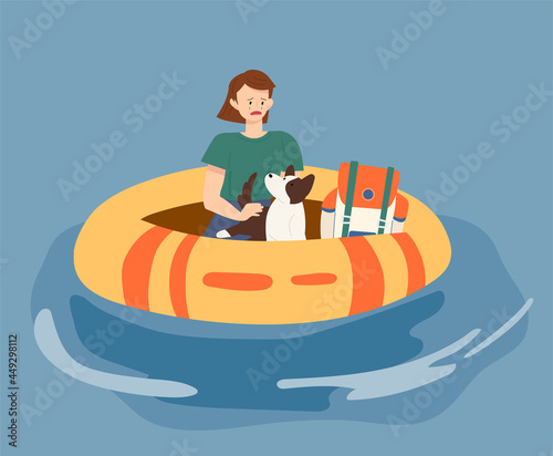 A woman has lost her home in floods and is on a boat with her pet dog. flat design style vector illustration.