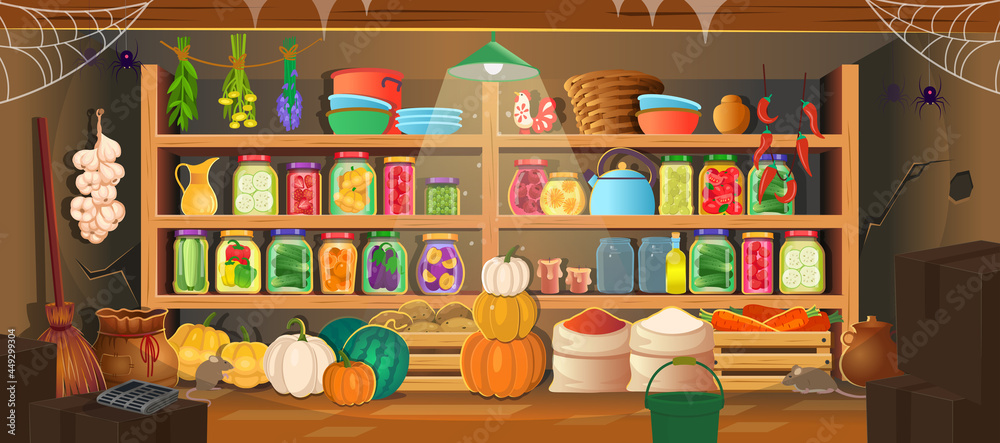 Pantry, cellar with food preserves on shelves. Vector cartoon interior of storeroom with vegetables and fruit, bags, glass jars on shelves in the cellar. Canned vegetables and fruit.