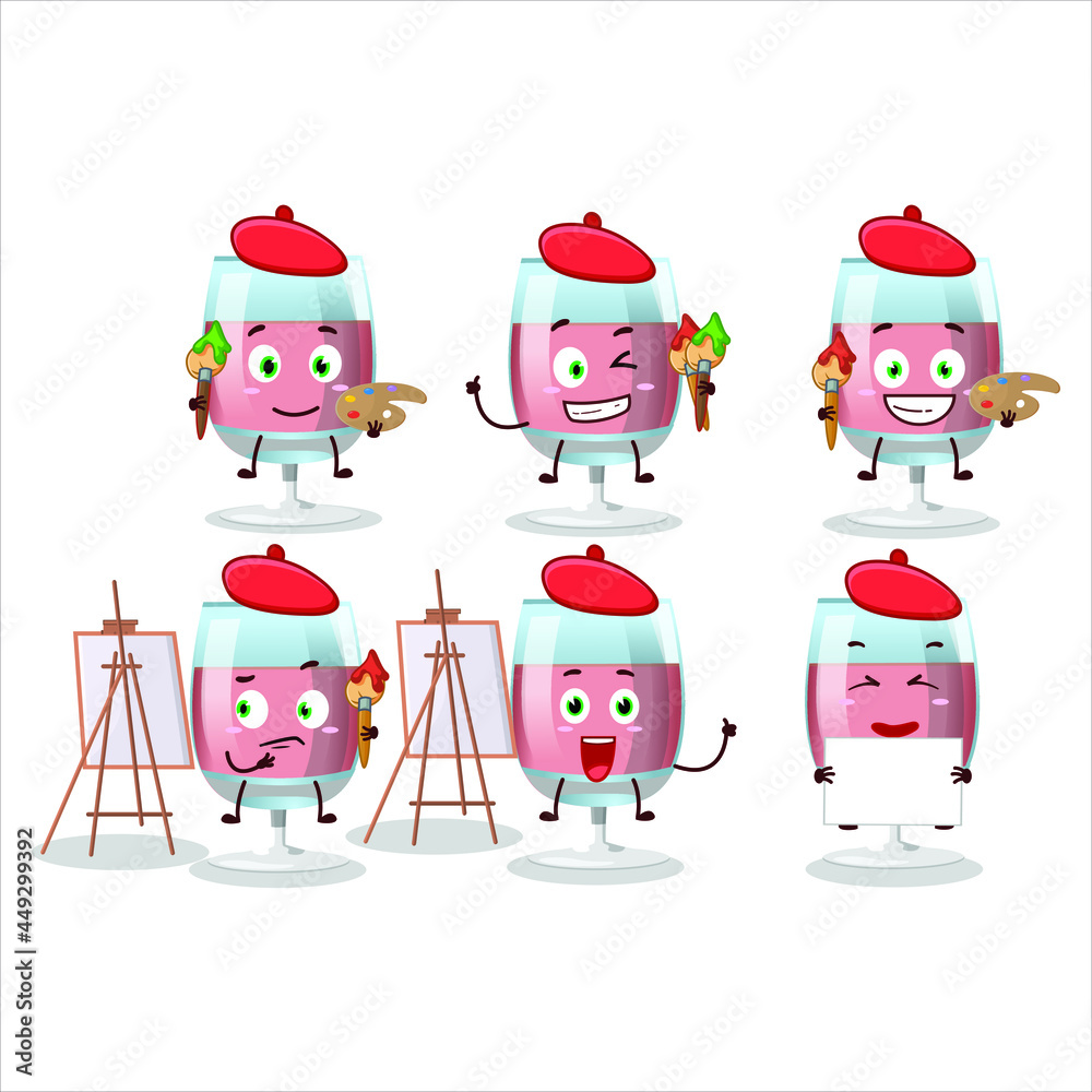 Fototapeta premium Artistic Artist of rose wine cartoon character painting with a brush. Vector illustration
