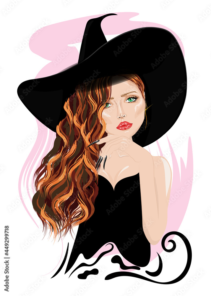 Adorable witch in a big hat. Vector illustration Adorable witch in a big hat. Vector illustration