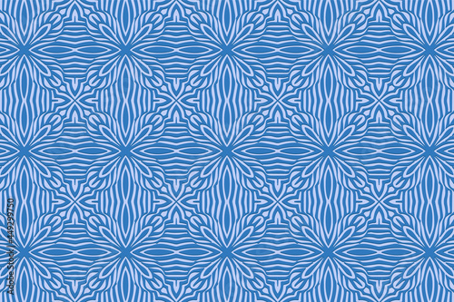 Geometric volumetric convex 3D blue pattern, arabesque for wallpaper, websites, textiles. Embossed creative floral background in traditional oriental, Indian style. Texture with ethnic ornament.