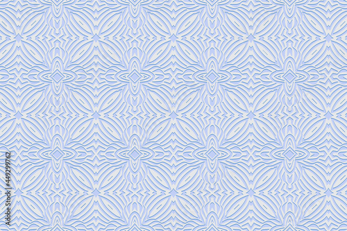 Geometric volumetric convex 3D blue pattern, arabesque for wallpaper, websites, textiles. Embossed stylish floral background in traditional oriental, Indian style. Texture with ethnic ornament. © swetazwet