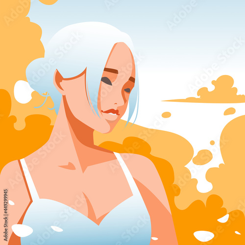 Portrait design beautiful woman in sunset with cloud, concept of traveling summer and holiday, Vector flat illustration