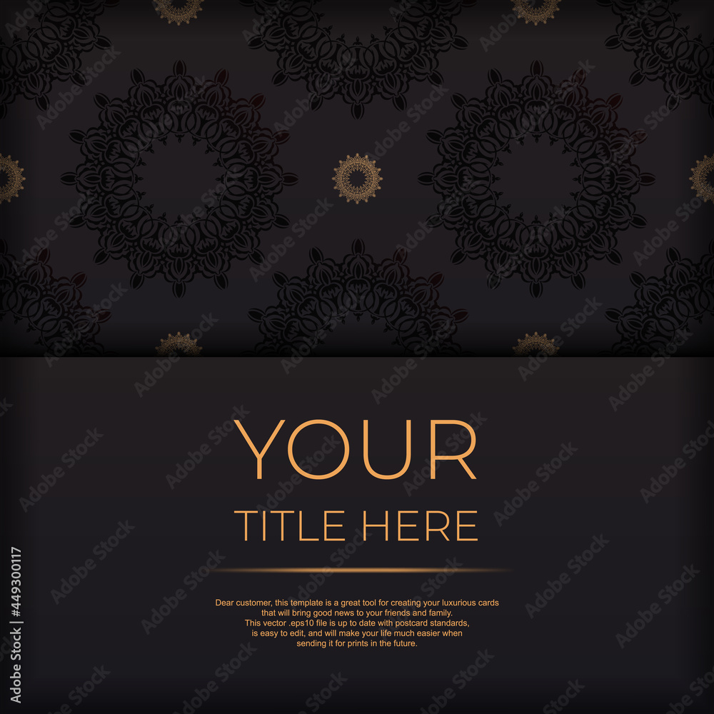 Luxurious Black color postcard template with vintage patterns. Print-ready invitation design with mandala ornament.