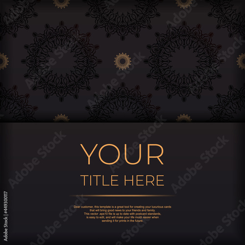 Luxurious Black color postcard template with vintage patterns. Print-ready invitation design with mandala ornament.