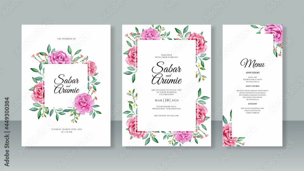 Set of beautiful wedding invitation templates with watercolor rose flower painting