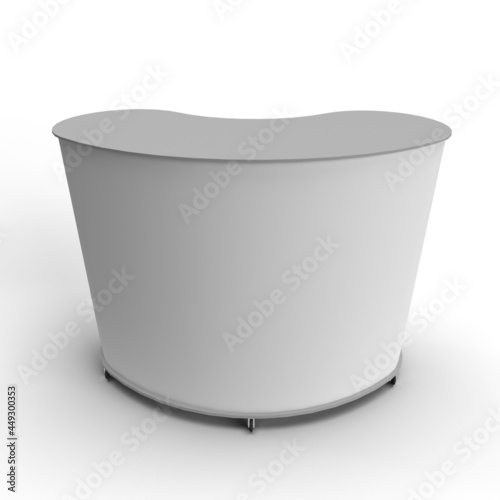 Point of Sale Table Front Top, Kidney Table, Kidney Shaped POS, Perspective View of an ABS constructed Point of Sale Table for Mockup or Illustration Purposes, White Background and Casted Shadows. photo