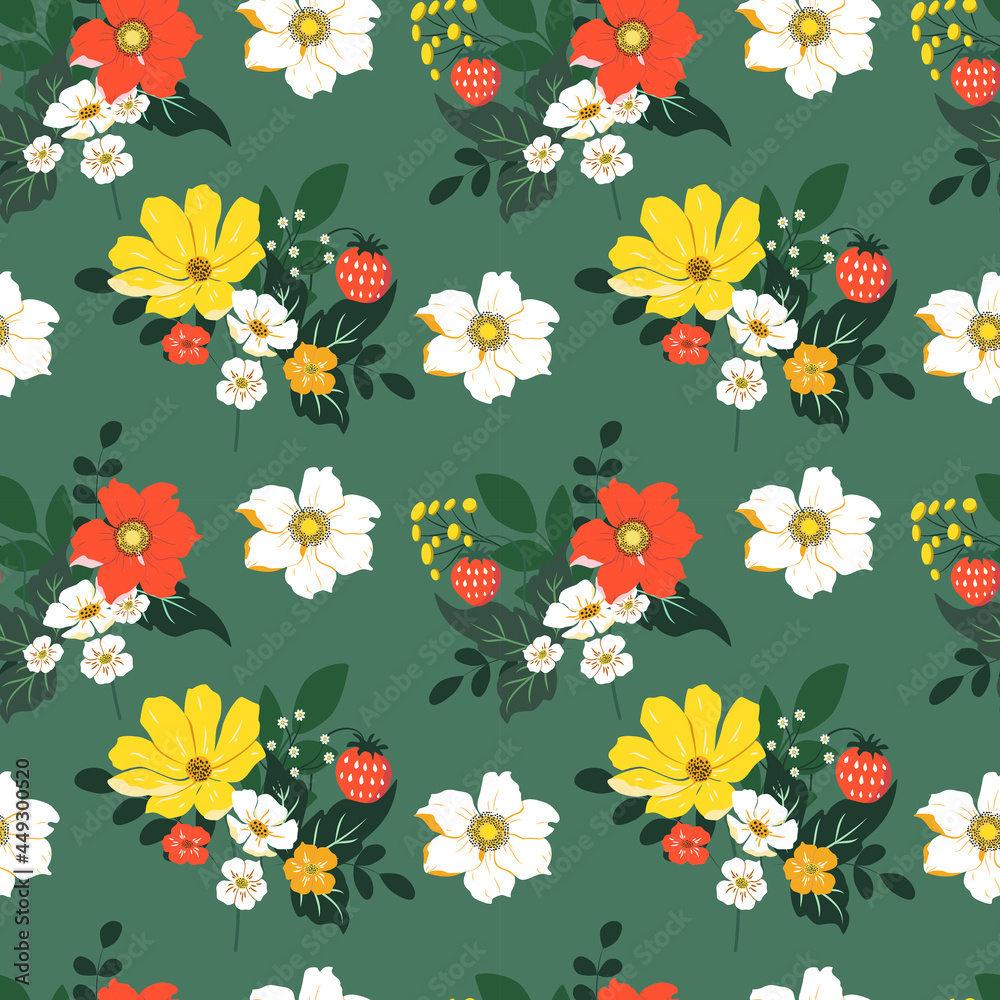 vector seamless pattern with hand drawn floral ornament on a green background. patern for printing on clothing, fabric, wrapping paper, flower background, wallpaper