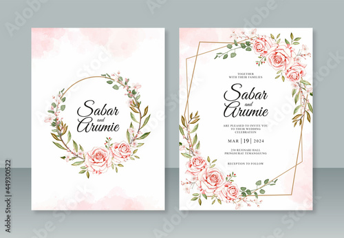 Wedding invitation template with floral watercolor painting and geometric border