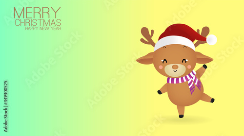 Merry Christmas and happy new year Card with cute reindeer and paper space. Holidays cartoon character vector. 