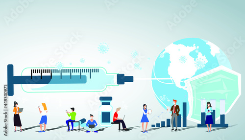  Spray vaccine  COVID 19  to people around the world.Illustration medical How to prevent covid-19 virus.