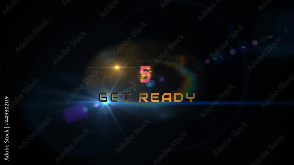 Get Ready Countdown Timer Indicators 9 To 0. Lens Flare, Zoom In, Black