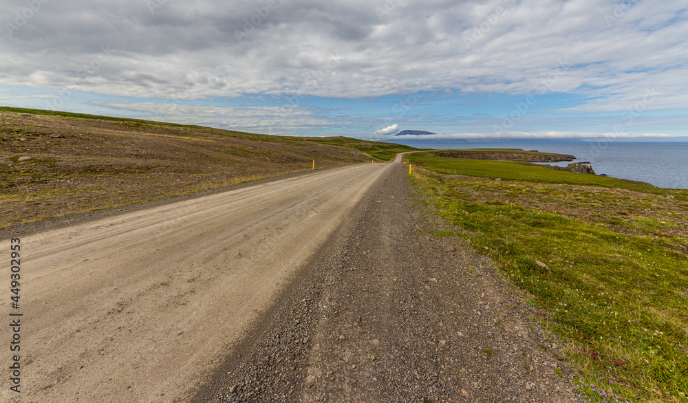 Straight gravel road across icelandic meadows near shore