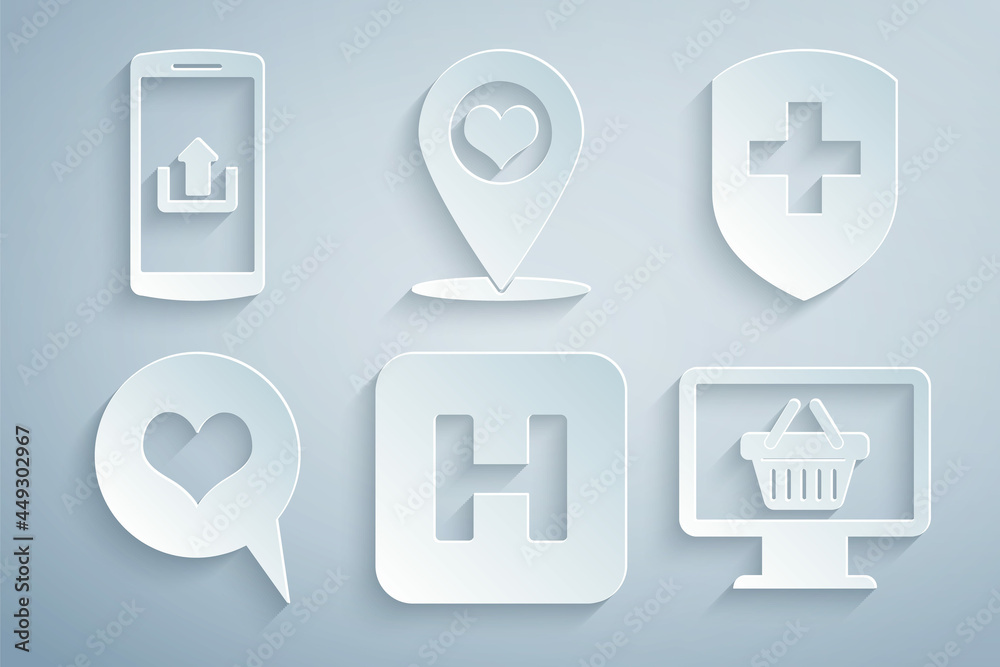 Set Hospital, Medical shield with cross, Heart in speech bubble, Monitor shopping basket, Map pointer heart and Smartphone upload icon. Vector