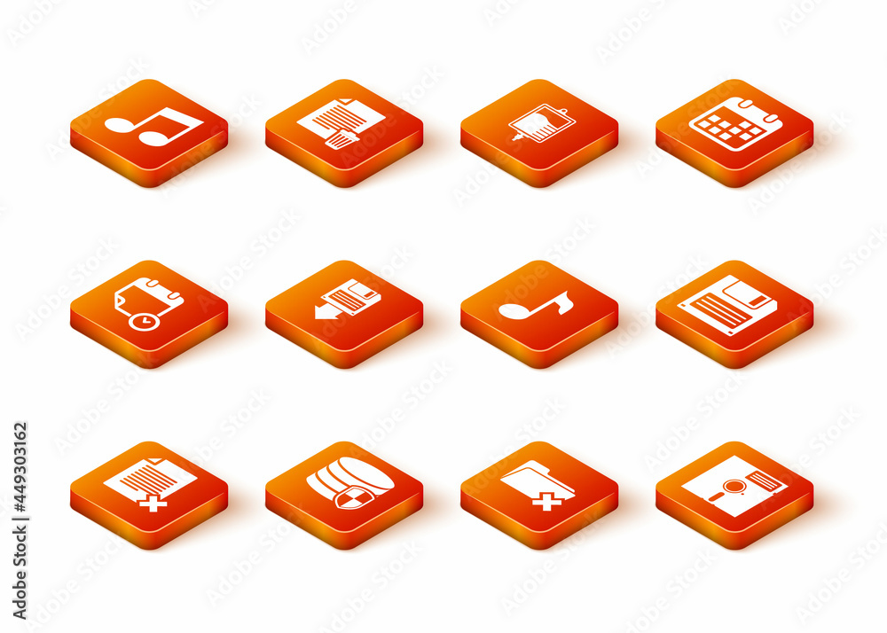 Set Delete file document, Database protection, Calendar and clock, Floppy disk backup, folder and Music note, tone icon. Vector Set Delete file document, Database protection, Calendar and clock, Floppy disk backup, folder and Music note, tone icon. Vector
