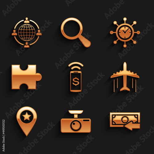 Set Contactless payment, Car DVR, Cash back, Plane, Location with star and Piece of puzzle icon. Vector
