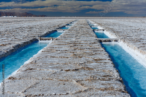 Turquoise-colored salt extraction pools in the Salinas Grandes salt flats on the high Andean altiplano of Jujuy province, northwest Argentina photo