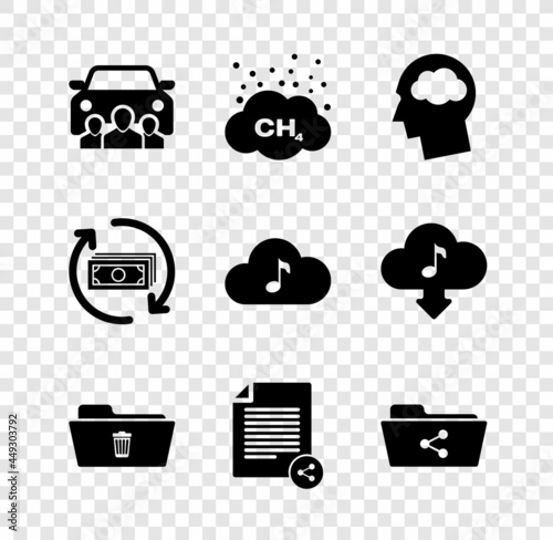 Set Car sharing, Methane emissions reduction, Head silhouette with cloud, Delete folder, Share file and icon. Vector