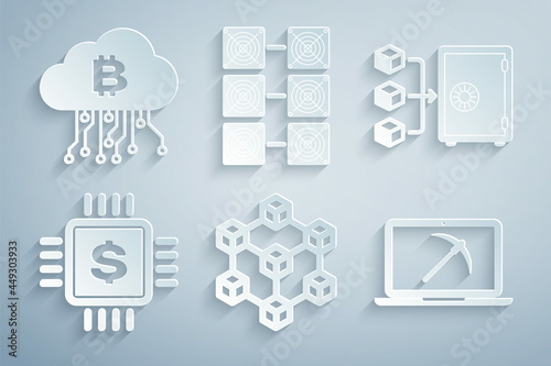Set Blockchain technology, Proof of stake, Processor chip with dollar, Mining laptop and pickaxe, farm and Cryptocurrency cloud mining icon. Vector