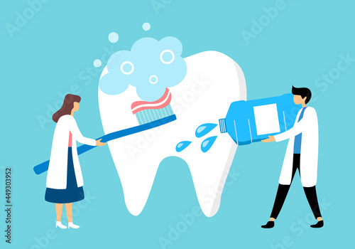 Dentist are cleaning tooth using toothbrush, toothpaste and mouthwash in flat design. Dental care. 