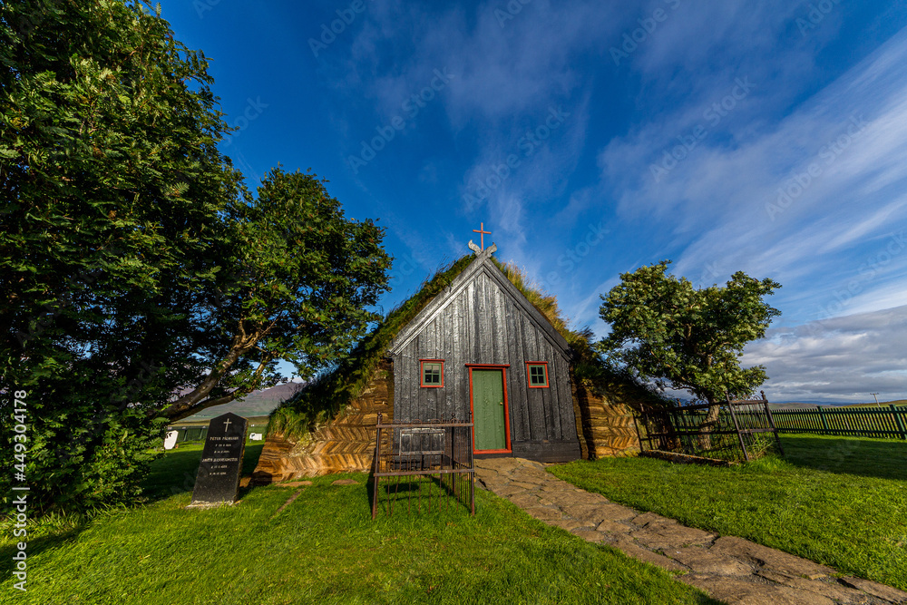 VÃdimyrarkirkja turf and wooden church built in 1834 at summer sunny day in Skagafjordur, north Iceland VÃdimyrarkirkja turf and wooden church built in 1834 at summer sunny day in Skagafjordur, north Iceland
